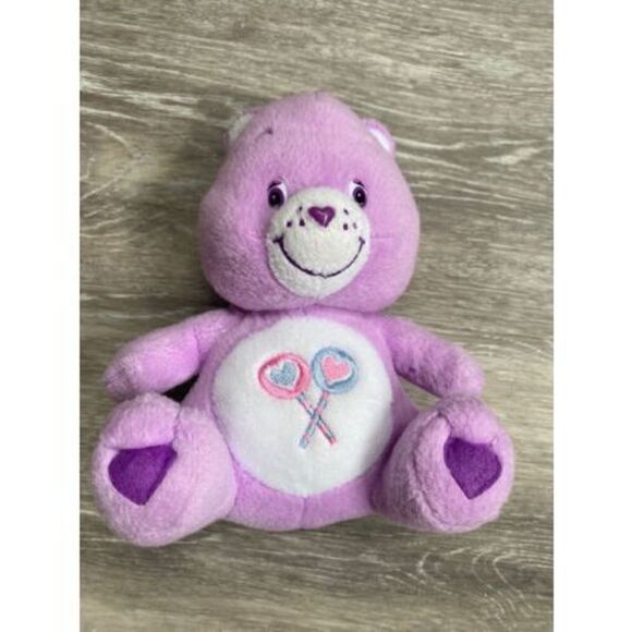 Care Bears Sitting Share Bear Purple Bear Plush 2003 Nanco 6" Heart Lollipops - Picture 1 of 7